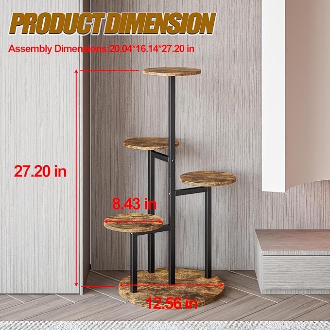Plant Stand Indoor 5 Tier 8 Potted Multiple Flower Pot Holder for Patio Garden Balcony Living Room Corner (5 Tier Black+Rustic Brown)