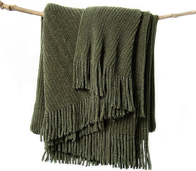 lifein Throw Blanket for Couch, Soft Green Boho Decor Bed Throw,Cozy Knitted Chenille Farmhouse Lightweight Throw(Olive Green,50 * 60")