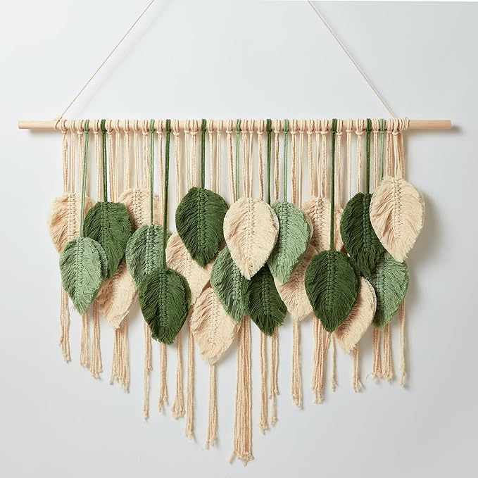 Macrame Wall Hanging Boho Wall Tapestry Handmade Woven Leaf Wall Decor Crochet Wall Art for Home Office Apartment (Green, 39.4" W x 31.5" L)
