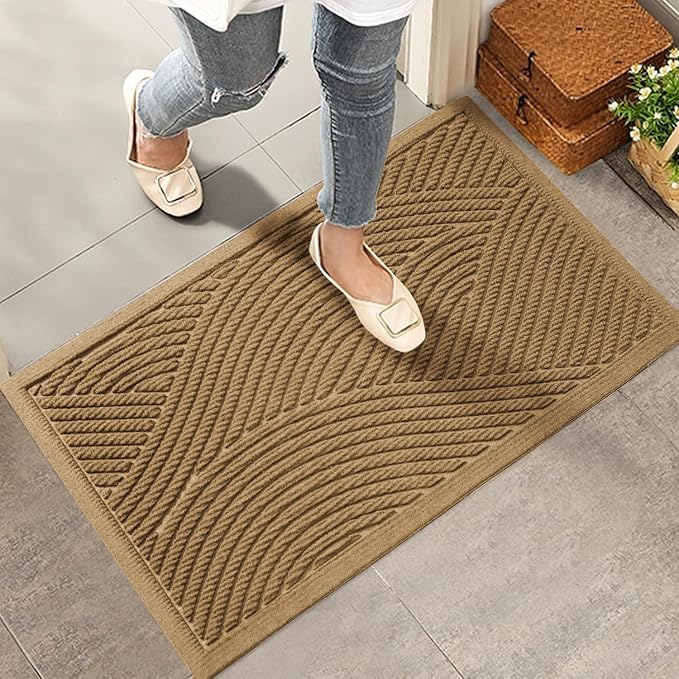 Sturdy Front Door Mat, Absorbent Muddy Dirt Resist Welcome Door Mats Outdoor Indoor, Stain and Fade Resistant, Non-Slip Backing Entry Mat Low Profile Doormat for Entryway, 29×17, Brown