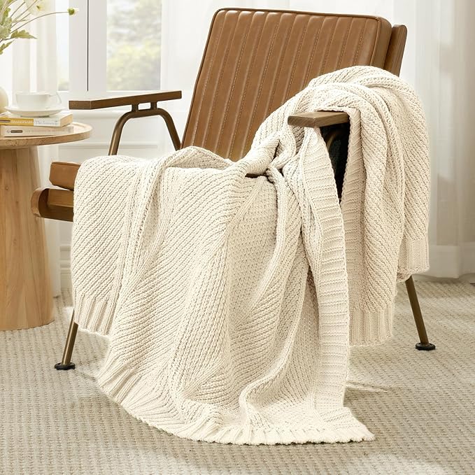 Amélie Home Chevron Chenille Knit Throw Blanket for Couch, Cozy Texture Decorative Soft Blanket for Sofa & Chair, 60"x80", Ivory