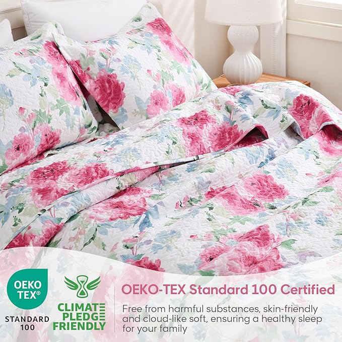 JSD Rose Floral Quilt Set Twin Size, 2 Piece Printed Bedspreads Coverlet with Pillow Sham, Soft Microfiber Quilted Blanket