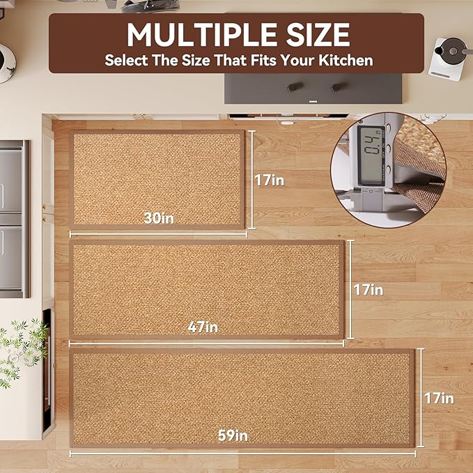 Anti Fatigue Kitchen Rugs Mat Non Slip Washable, 0.4" Thick Soft Cushioned Absorbent Kitchen Mats for Floor, Jute-Like Woven Laundry Standing Mats Sink Mat, Easy Clean Care, Brown 17"x30"