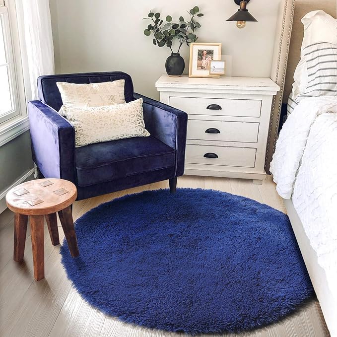 Amdrebio Navy Blue Round Rug 4Ft for Boys Room Bedroom, Circle Area Rugs for Kids Room, Living Room Decor Aesthetic, Fluffy Shag Fur Throw Royal Dark Blue Carpet for Preppy Dorm Playroom Baby Nursery