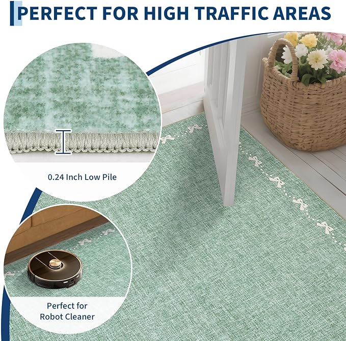 GarveeHome Bow Washable 8 x 10 Rug for Living Room Green 8x10 Playroom Rug Non Slip Soft Bedroom Rugs Low Pile Large Area Rug Stain Resistant Carpet for Nursery Dining Room, Green 8'x10'