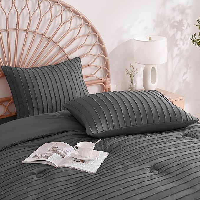 JELLYMONI Pillowcases King Size Dark Grey 2 Pack Boho Striped Bed Pillow Covers 20x36in Polyester Envelope Pillow Shams Tufted Bohemian Textured (Pillows are not Included)
