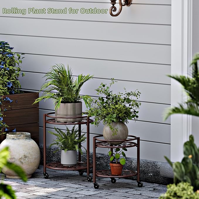 2 Tier Rolling Plant Stand with Wheels, Mid Century Modern Metal Stand for Planters, 2 Sizes 9 Inch & 11 Inch, Indoor Outdoor Movable Flower Pot Holder for Decor Home Garden Patio Load Bearing 165 LB 2 Pack Coffee