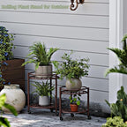 2 Tier Rolling Plant Stand with Wheels, Mid Century Modern Metal Stand for Planters, 2 Sizes 9 Inch & 11 Inch, Indoor Outdoor Movable Flower Pot Holder for Decor Home Garden Patio Load Bearing 165 LB 2 Pack Coffee