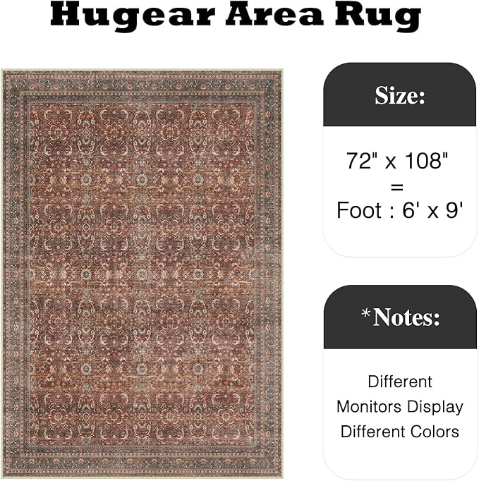 HUGEAR Area Rug 6x9 Vintage Brick Red Machine Washable Living Room Rugs Distressed Retro Floral Vacuumable Low Pile Carpet Bedroom Office Dining Room Laundry Room Non Slip Soft Lightweight