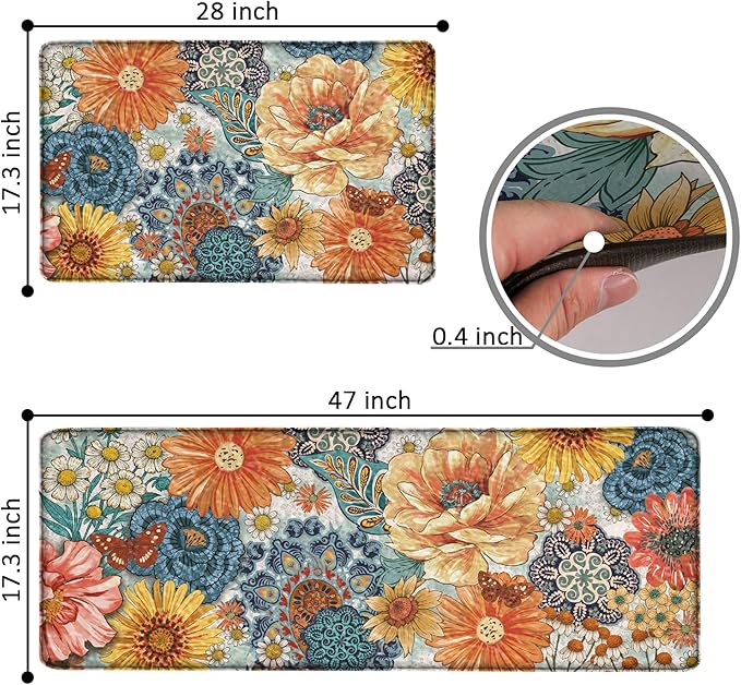 Boho Floral Kitchen Mats for Floor 2PCS Anti Fatigue Mats for Kitchen Floor Cushioned Non Slip Waterproof Memory Foam PVC Kitchen Rugs Set for Sink,Office,Laundry 17.3"x28"+17.3"x47"
