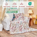MSGKV Boho Throw Blanket for Bed 60"x80" Floral 100% Cotton Couch Blanket Spring Breathable Lightweight Farmhouse Flower Twin Size Blankets for Sofa Home Decor Muslin All Seasons