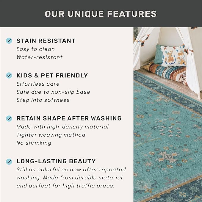 Teal Boho 2x5 Non Slip Small Kitchen Rug Runner - Washable Low Pile & Soft Carpet for Bathroom, Bedroom Beside Bed, Non Skid Floral Vintage Rugs for Laundry Room, Entryway