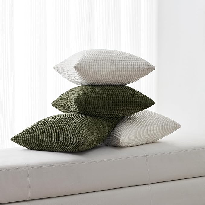 Topfinel 4 Packs OliveGreen Decorative Throw Pillow Covers 20x20 Inch for Living Room Couch Bed Sofa, Boho Western Farmhouse Home Decor, Square Soft Moss Corduroy Fall Cushion Case 50x50 cm