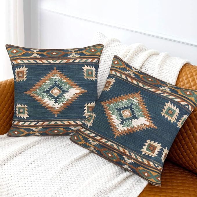 Southwest Aztec Western Pillow Covers 20x20 Set of 2, Native American Blue Throw Pillow Covers Outdoor Decorative Pillow Case for Couch Bed Sofa Cushion Home Decor