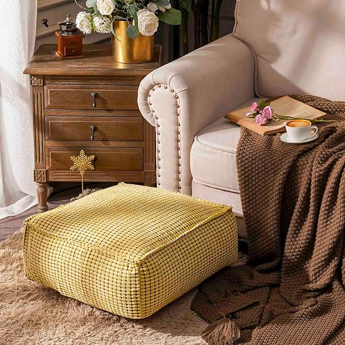 SUTAVIA Pouf Ottoman Cover Unstuffed Pouf Seat Decorative Soft Storage Bean Bag 20x20x8 Inches Square Floor Footrest for Living Room Bedroom (Yellow, Square)