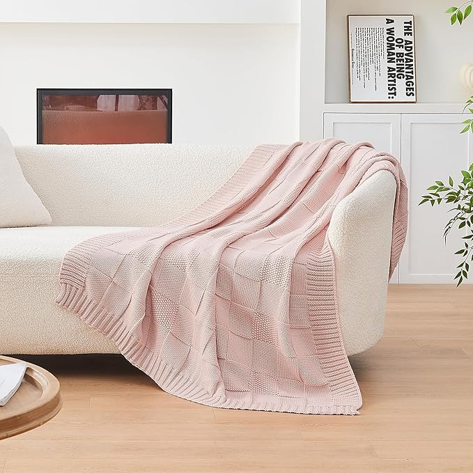 CozeCube Check Knit Throw Blanket, Pink Checkered Throw for Couch, Decorative Christmas Soft Cozy Warm Knitted Blanket for Bed Sofa Living Room, 60"X80"