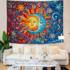 Sun and Moon Tapestry Boho Hippie Orange Red Blue Floral Tapestry for Bedroom Aesthetic Abstract Plant Flowers Stars Small Tapestries Wall Hanging for Living Room Dorm 80 x 60 Inch