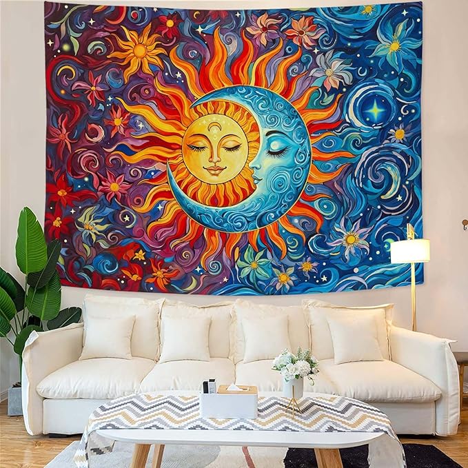 Sun and Moon Tapestry Boho Hippie Orange Red Blue Floral Tapestry for Bedroom Aesthetic Abstract Plant Flowers Stars Small Tapestries Wall Hanging for Living Room Dorm 90 x 68 Inch