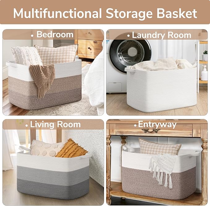 Goodpick 85L Large Woven Blanket Basket 23.6" x 15.7" x 13.8" Cotton Rope Storage Baskets for Organizing, Soft Dirty Clothes Basket for Bedroom Bathroom, Toy Baskets Storage Kids, White