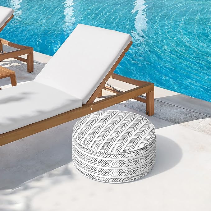 Indoor/Outdoor Inflatable Ottoman D21 x H9 inch, Round Footstool Inflatable Foot Rest Ottoman with Handle, Portable Ottomans Pouf for Patio, Garden, Camping, Home, Herringbone Black White