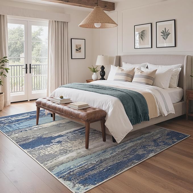 GENIMO 5X7 Washable Modern Area Rugs for Living Room, Non-Slip Low Pile Chenille Print Rug, Soft Rugs for Bedroom Dining Room Home Office, Indigo Drift