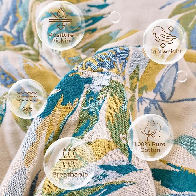 Boho Throw Blanket for Bed Cotton Spring Blankets Twin Size for Bedroom Living Room All Season Lightweight Leaves Embroidery Breathable Quilt for Couch Sofa Chair 60"x80" Home Decor