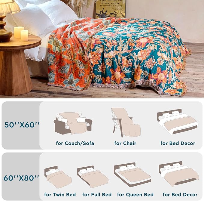 Boho Throw Blanket 60"x80" 100% Cotton Twin Bird Blanket, Breathable Lightweight Spring Decorative Reversible Blankets with Fringe for Couch Vintage Decor