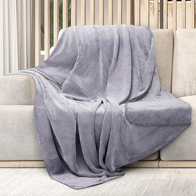 Mon Chateau 60" x 70" Fireside Mélange Throw Blanket, Contrast Stitching Soft Blanket for Queen-Size Bed, Couch, or Sofa, Cozy Home Decor and Stylish Living Room Comfort, Moonstone