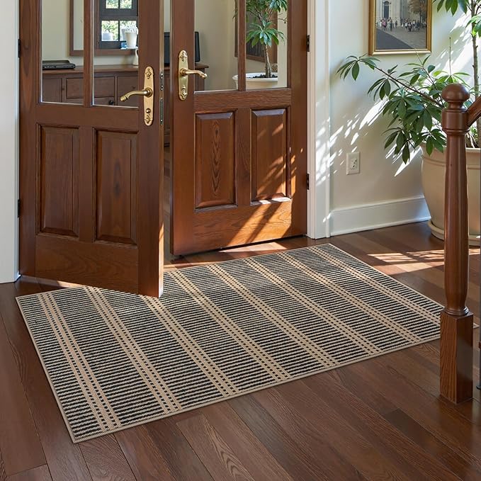 LIVEBOX Easy Jute Indoor Outdoor Rug 3x5 Front Porch, Black Striped Washable Outdoor Rugs for Entryway Living Room, Non Slip Rug Geometric Carpet Door Mat for Entry Front Door, Patio, Kitchen, Bedroom