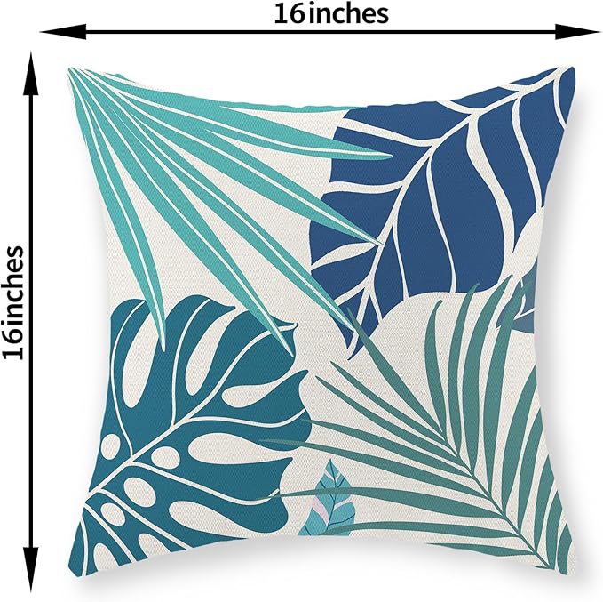 Tropical Pillow Covers 16x16 Set of 2 Navy Blue Aqua Teal Monstera Palm Leaf Pillowcase Summer Decorations Tropical Outdoor Throw Pillows Linen Decor Botanical Plant Cushion Case for Home Bed
