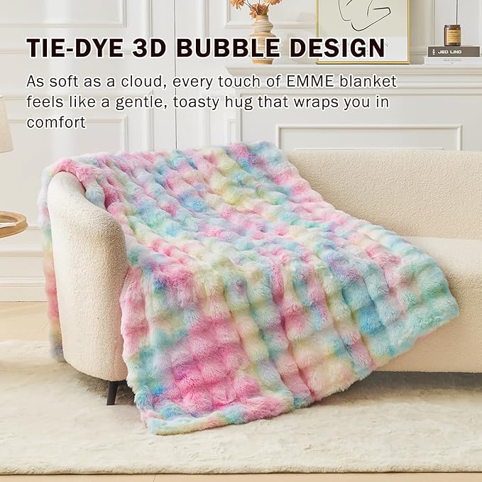 EMME Faux Fur Blanket King Size Rainbow - Big Bubble Rabbit Cozy Blanket for Couch, Thick Furry Plush Shaggy Blankets, 650GSM, 108x90 Inches