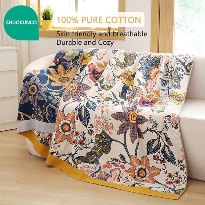 Boho Throw Blanket for Bed 100% Cotton Ultra Soft Rustic Quilt Fall Blanket Bird Floral Printed Farmhouse Decor Bed Blankets,80"×90" All Season Rustic Throw for Sofa Couch Chair