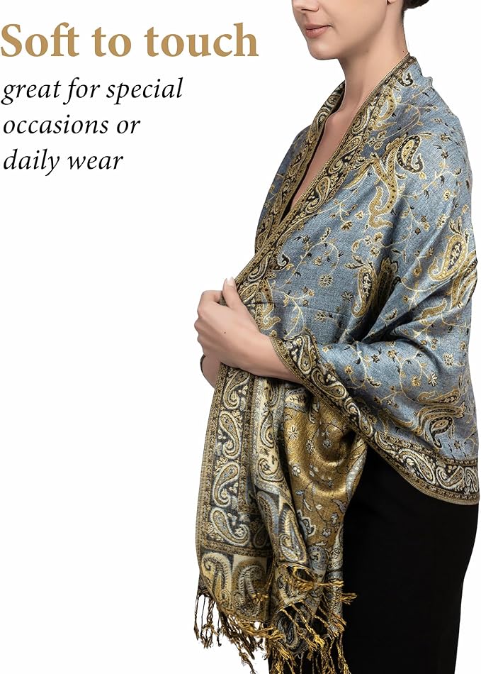 Achillea Reversible Paisley Pashmina Rave Scarf – Exotic Indian Shawls and Wraps for Evening Dresses, Festivals, All Seasons