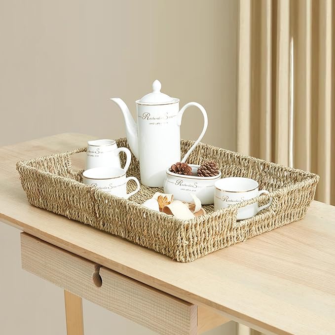 16.93 inch Rectangular Wicker Tray, Hand-Woven Rattan Serving Trays with Handles for Snack Drinks Coffee Table Tray, Seagrass 1Pack
