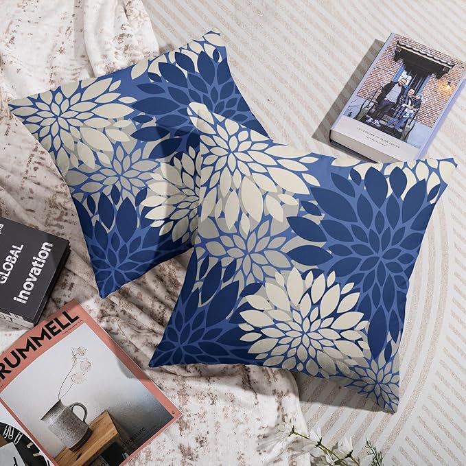 Blue Cream Grey Gray Pillow Covers 22X22 Inch Set of 2, Modern Dahlia Floral Print Decorative Throw Pillow Covers Outdoor Farmhouse Cushion Case for Home Couch Sofa Bed Decoration