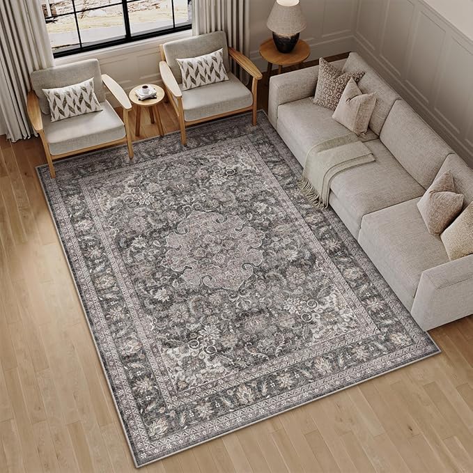8x10 Washable Vintage Area Rug Black Grey Living Room Bedroom Carpet Non-Slip Soft Low Pile Distressed Indoor Large Throw Rug for Dining Room Office