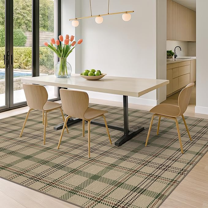JTJ Plaid Easy Jute Rug 8x10 for Living Room - Green Striped Outdoor Indoor Rug for Dining Room Under Table, Bedroom Under Bed, Non Slip Farmhouse Tartan Aesthetic, Washable Sage Nature Color Decor