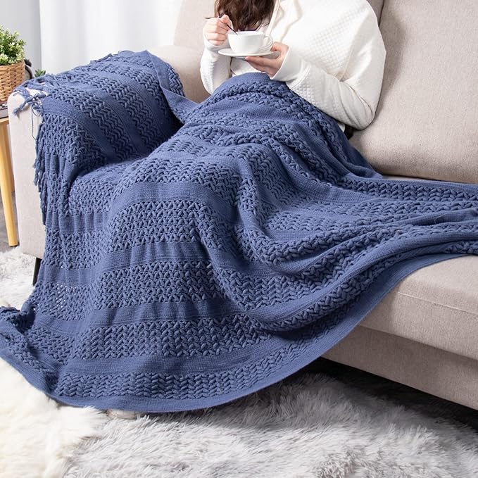 lifein Fall Throw Blanket for Couch - Soft Boho Knitted Farmhouse Bed Throws,Cozy Small Lightweight Blankets&Throws with Tassels for Autumn,Woman,Man,Home Decor,Bed,Chair,Sofa,Room,Gift(Blue,50*60")