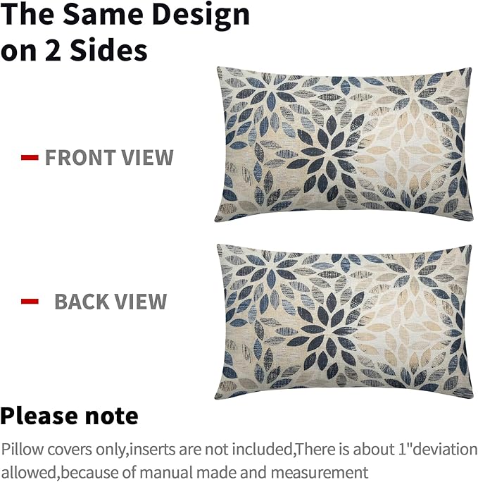 Kawani Navy Blue Dahlia Lumbar Pillow Covers 12X20 Inch Rustic Geometric Flower Decorative Pillow Cases Set of 2 Beige Tan Gray Floral Throw Pillows for Cushion Sofa Couch Farmhouse Outdoor