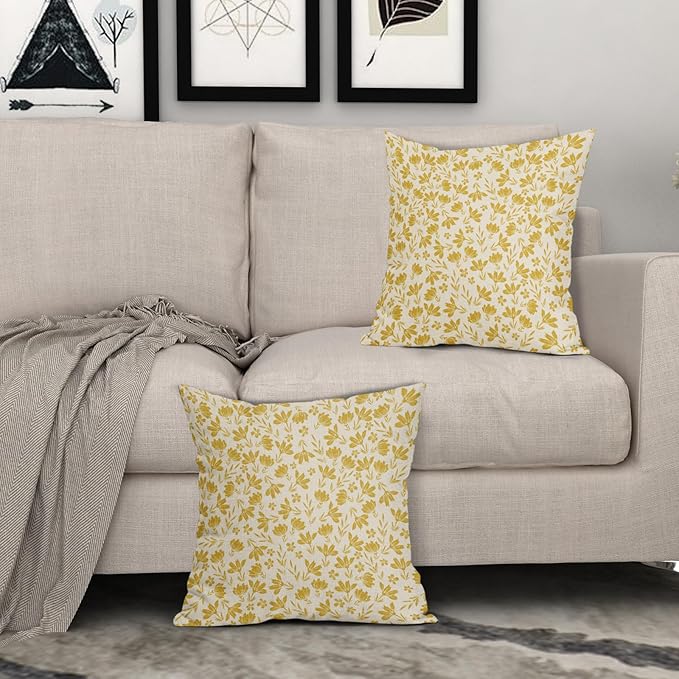 Yellow Floral Pillow Covers 16x16 Set of 2 Vintage Rustic Old Style Cute Small Flower Yellow Cream Print Decorative Outdoor Pillowcases Farmhouse Throw Cushion Case Decor for Couch Sofa Bed