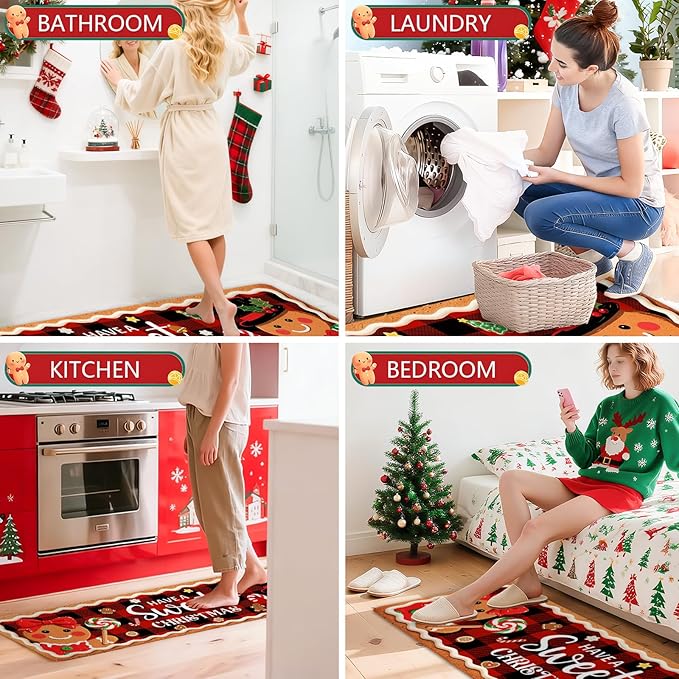 Christmas Rugs for Kitchen Floor, Gingerbread Man Mats for Kitchen Floor Non Slip, 2PCS Rubber Kitchen Mat, Washable Cushioned Runner Carpet Rug for Sink Laundry 15.7"×27.5" +15.7"×47" Red 3.5mm