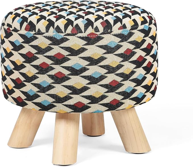 Asense 11-inch Round Ottoman Footstool,Small Padded Seat with Wood Legs,Foot Rest Stool for Living Room Bedroom Couch,Multi-Color