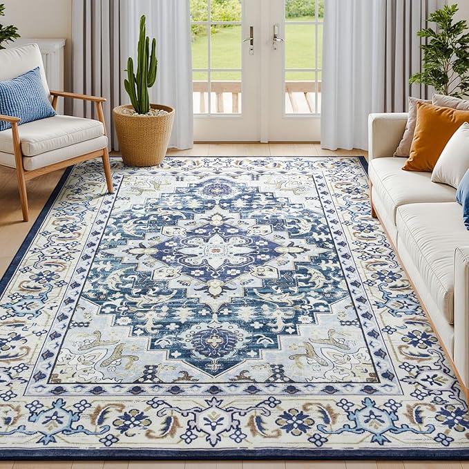 Lessymo 5x7 Area Rug for Living Room - Machine Washable Area Rugs, Super Soft Faux-Wool Area Rugs for Bedroom Kitchen, Boho Rug Vintage Floral Non-Slip Low Pile, Dark Blue