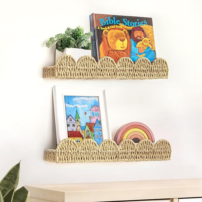 AELS Scalloped Nursery Bookshelf, Set of 2, Picture Ledge Shelf for Wall Decor, Woven Straw Paper Floating Shelves for Books, Toys, Photo Frames, Nursery, Boho Modern Farmhouse Book Shelf, Beige