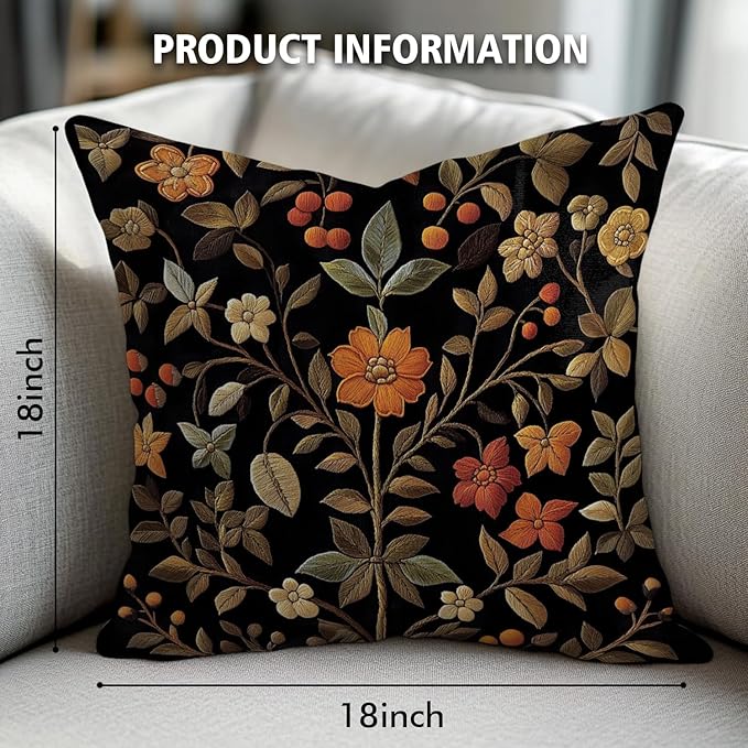 William Morris Abstract Vintage Print Floral Velvet Design Throw Pillow Covers Home Decor, Retro Art Decor Pillowcase Cushion Cover for Bed Sofa Living Room, Square 18x18inch (Black-Floral)