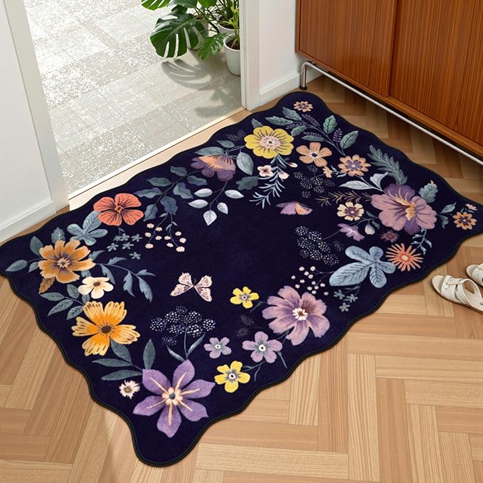 Lahome Floral Entryway Rug, 2X3 Washable Kitchen Rug Non-Slip, Ultra-Thin Soft Door Mat Indoor Entrance Stain Resistant Boho Small Throw Carpet for Bathroom Bedroom Flore (2x3ft,Purple)