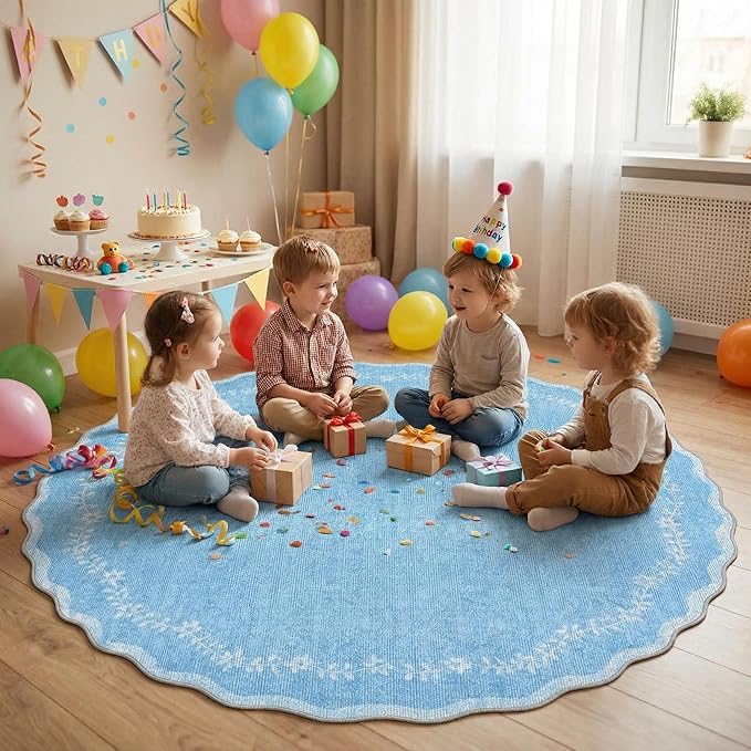 GarveeHome Scalloped Round Area Rugs 8ft for Living Room, Large Solid Blue Washable Circle Rug Soft Non Slip Floral Print Floor Mat Carpet Indoor Thin Rug for Bedroom Dining Room Playroom Nursery