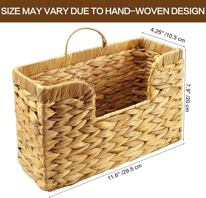 Woven Hanging Magazine Holder, Water Hyacinth Mail Basket Wall Mounted Magazine Basket Rack with Handle for Book, Files Bathroom, Home, Office - 11.75 X 4.2 X8 Inch