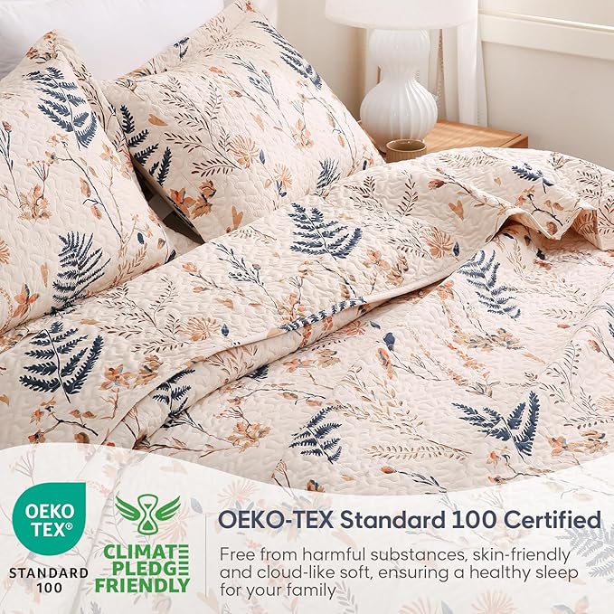 JSD Floral Quilt Set Full/Queen Size, 3 Piece Printed Bedspreads Coverlet with Pillow Sham, Soft Microfiber Quilted Blanket
