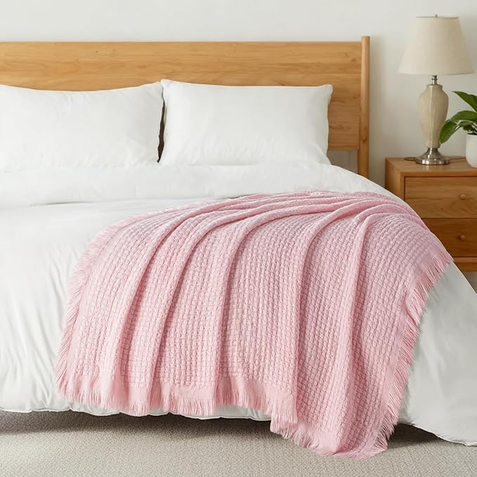 Exclusivo Mezcla Twin Size Knit Blanket with Fringes for Bed, Reversible Super Soft and Warm Woven Boho Throw for All Season, Home Decor, 60"x80", Light Pink